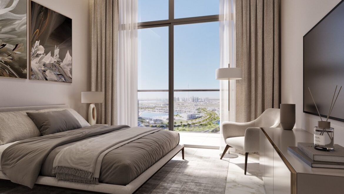 Bright and modern one-bedroom residential apartment at 320 Riverside Crescent, Bukadra, Dubai, featuring a stylish living area and contemporary furnishings.-Propertyana real estate in dubai and sharjeh