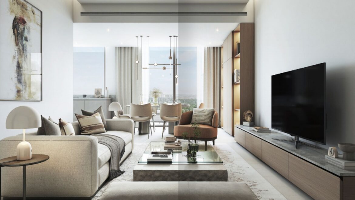 Bright and modern one-bedroom residential apartment at 320 Riverside Crescent, Bukadra, Dubai, featuring a stylish living area and contemporary furnishings.-Propertyana real estate in dubai and sharjeh