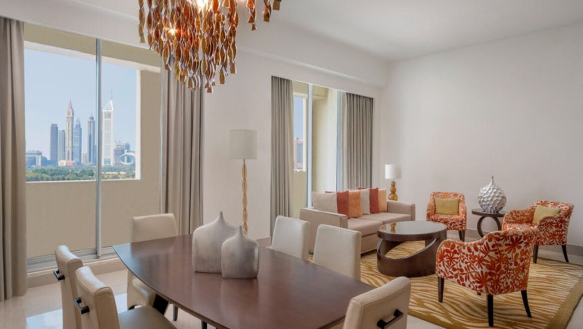 Interior view of a modern 3-bedroom Marriott Executive Apartments in Al Jaddaf, Dubai, featuring a spacious living area and a maid's room.-Propertyana real estate in dubai and sharjeh