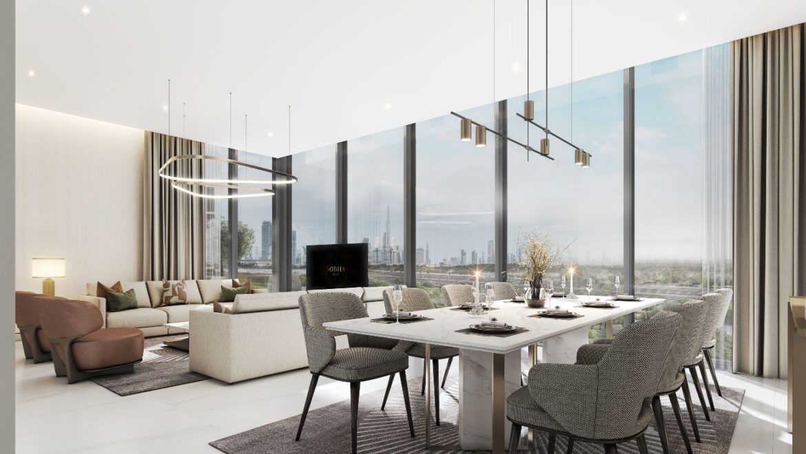 2-bedroom apartment at The Element, Sobha One in Mohammed Bin Rashid City, Dubai, featuring modern living spaces with views of the golf course and Downtown Dubai.-Propertyana real estate in dubai and sharjeh