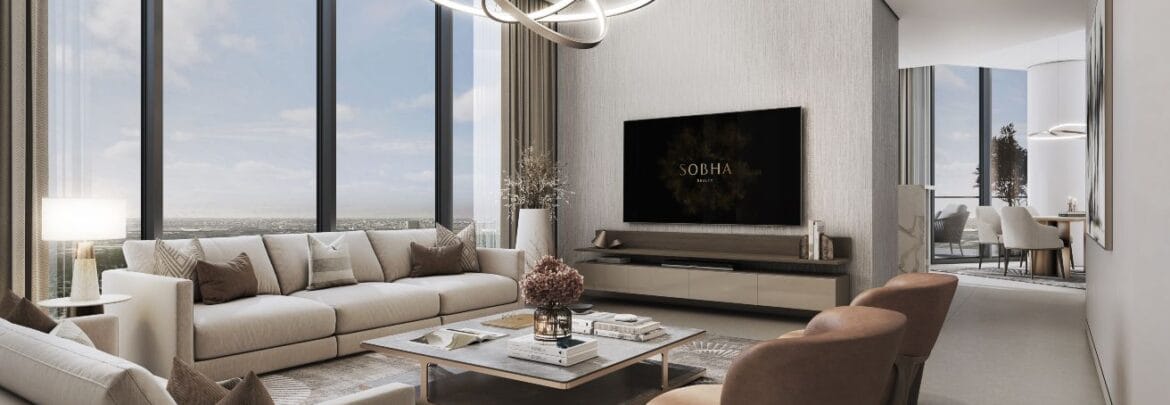 A modern 3-bedroom Sobha Solis residential apartment in Dubai's Motor City, highlighting expansive skyline views and inviting community spaces.-Propertyana real estate in dubai and sharjeh