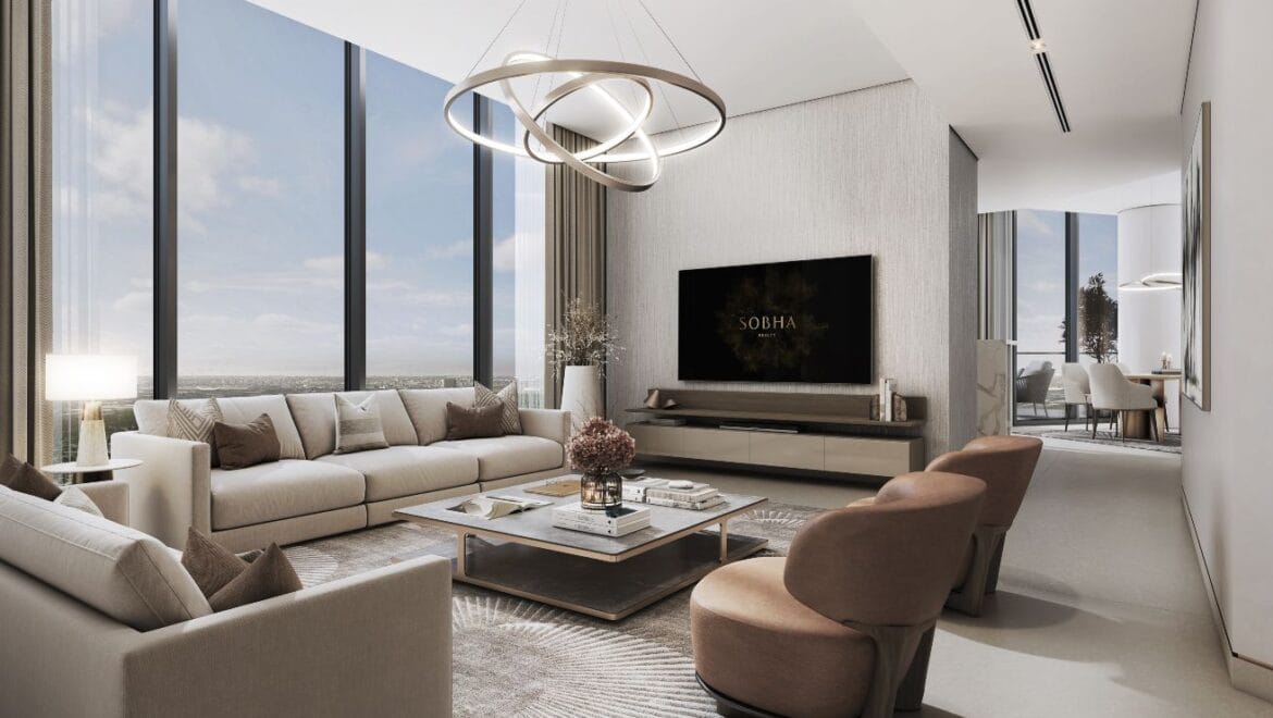 A modern 3-bedroom Sobha Solis residential apartment in Dubai's Motor City, highlighting expansive skyline views and inviting community spaces.-Propertyana real estate in dubai and sharjeh