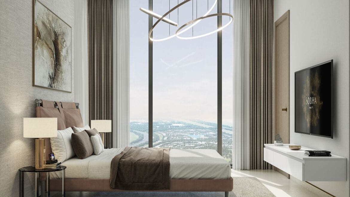 A modern 3-bedroom Sobha Solis residential apartment in Dubai's Motor City, highlighting expansive skyline views and inviting community spaces.-Propertyana real estate in dubai and sharjeh