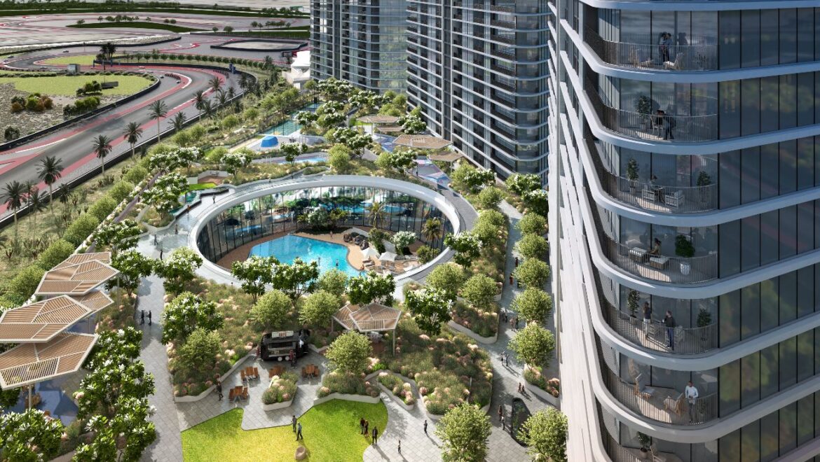 A modern 3-bedroom Sobha Solis residential apartment in Dubai's Motor City, highlighting expansive skyline views and inviting community spaces.-Propertyana real estate in dubai and sharjeh