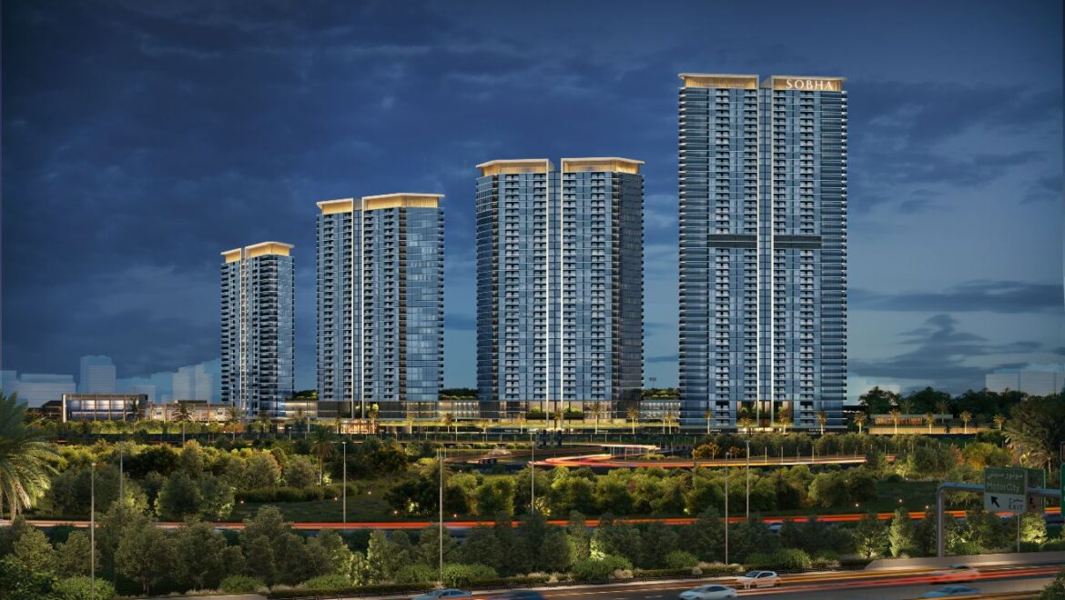 A modern 3-bedroom Sobha Solis residential apartment in Dubai's Motor City, highlighting expansive skyline views and inviting community spaces.-Propertyana real estate in dubai and sharjeh