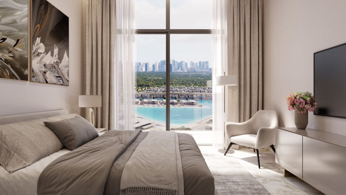 Interior view of a 1-bedroom residential apartment at 340 Riverside Crescent, Dubai (Bukadra), showcasing a modern living area with contemporary furnishings.-Propertyana real estate in dubai and sharjeh