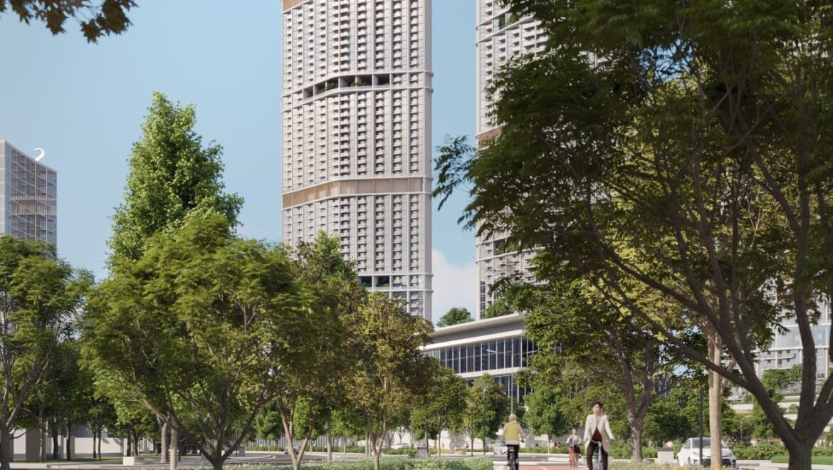 Interior view of a 1-bedroom residential apartment at 340 Riverside Crescent, Dubai (Bukadra), showcasing a modern living area with contemporary furnishings.-Propertyana real estate in dubai and sharjeh