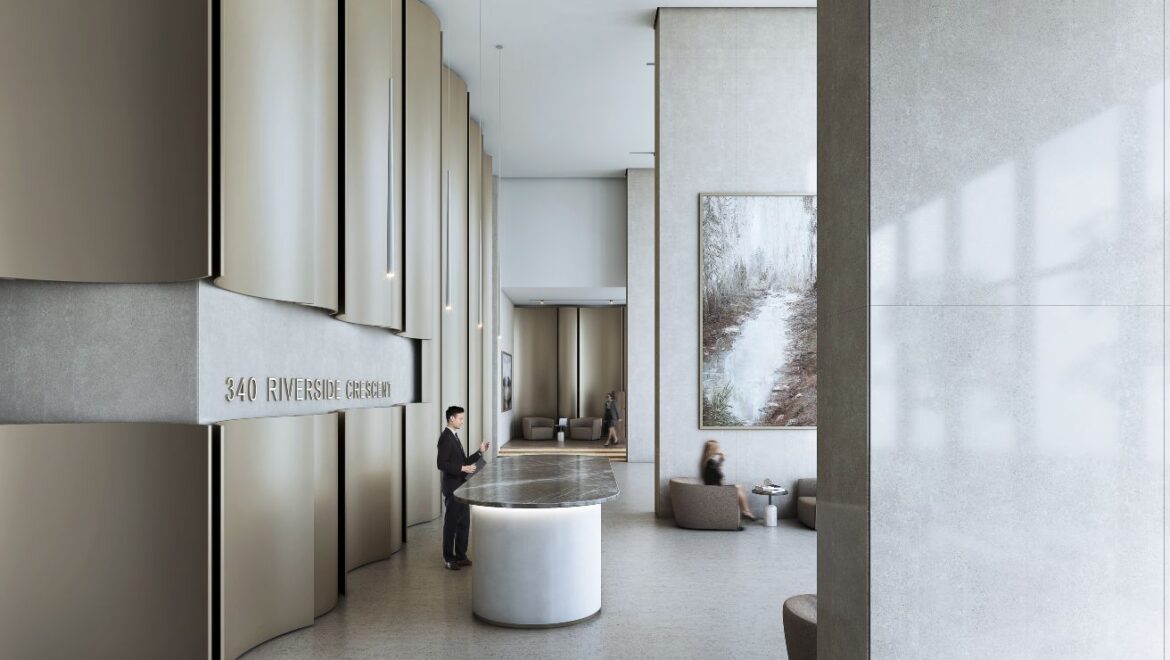 Interior view of a 1-bedroom residential apartment at 340 Riverside Crescent, Dubai (Bukadra), showcasing a modern living area with contemporary furnishings.-Propertyana real estate in dubai and sharjeh