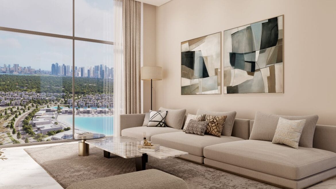 Interior view of a 1-bedroom residential apartment at 340 Riverside Crescent, Dubai (Bukadra), showcasing a modern living area with contemporary furnishings.-Propertyana real estate in dubai and sharjeh