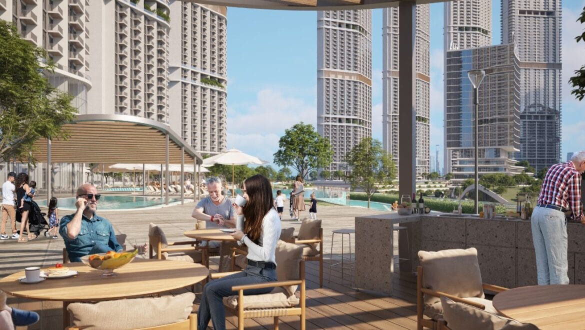 Interior view of a 1-bedroom residential apartment at 340 Riverside Crescent, Dubai (Bukadra), showcasing a modern living area with contemporary furnishings.-Propertyana real estate in dubai and sharjeh