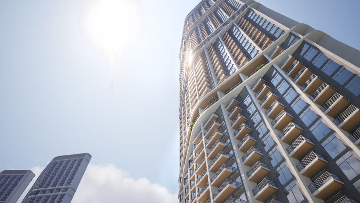 Interior view of a 1-bedroom residential apartment at 340 Riverside Crescent, Dubai (Bukadra), showcasing a modern living area with contemporary furnishings.-Propertyana real estate in dubai and sharjeh