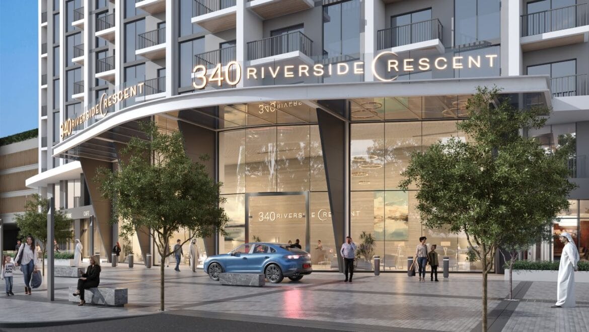 Interior view of a 1-bedroom residential apartment at 340 Riverside Crescent, Dubai (Bukadra), showcasing a modern living area with contemporary furnishings.-Propertyana real estate in dubai and sharjeh