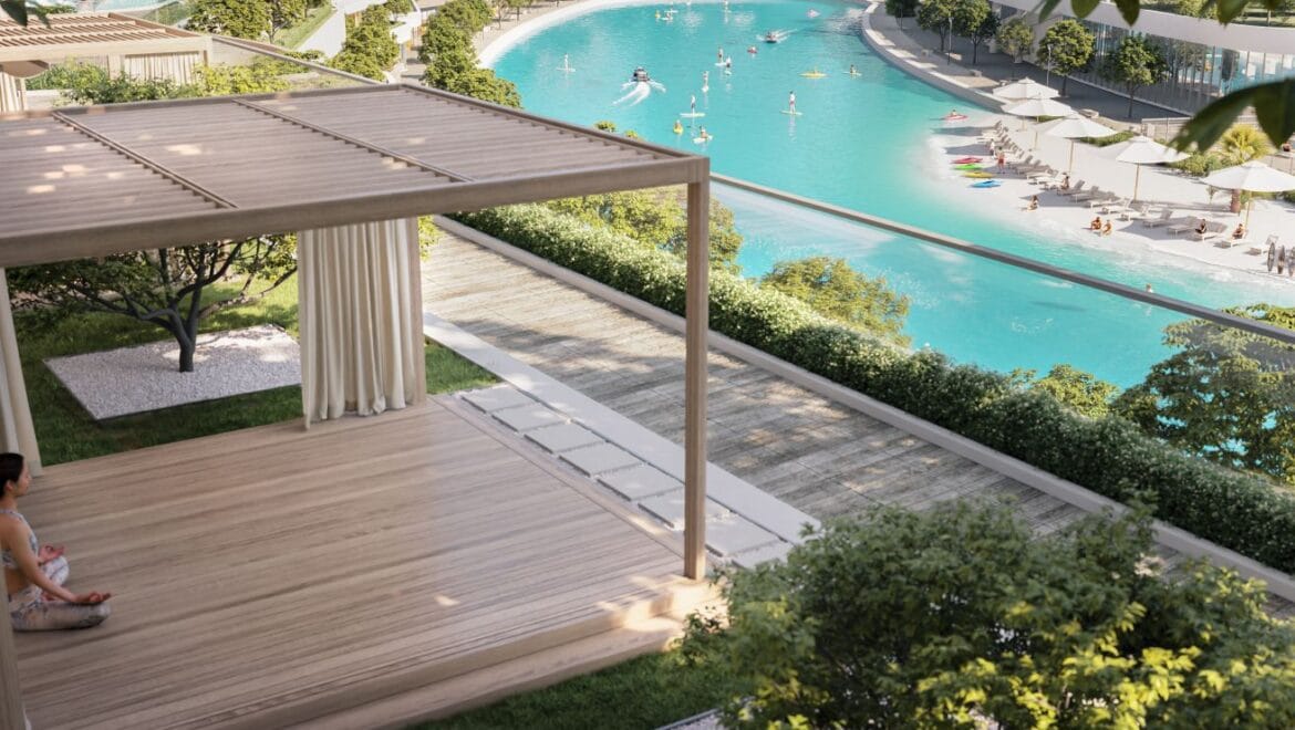 Interior view of a 1-bedroom residential apartment at 340 Riverside Crescent, Dubai (Bukadra), showcasing a modern living area with contemporary furnishings.-Propertyana real estate in dubai and sharjeh