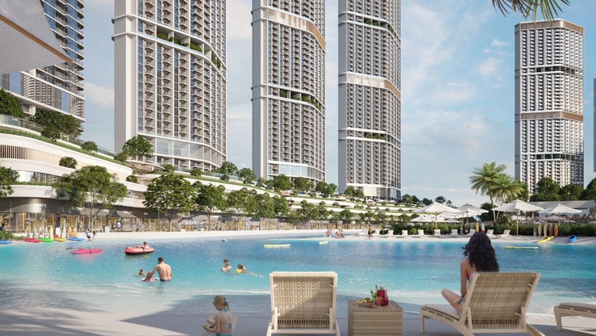 Interior view of a 1-bedroom residential apartment at 340 Riverside Crescent, Dubai (Bukadra), showcasing a modern living area with contemporary furnishings.-Propertyana real estate in dubai and sharjeh