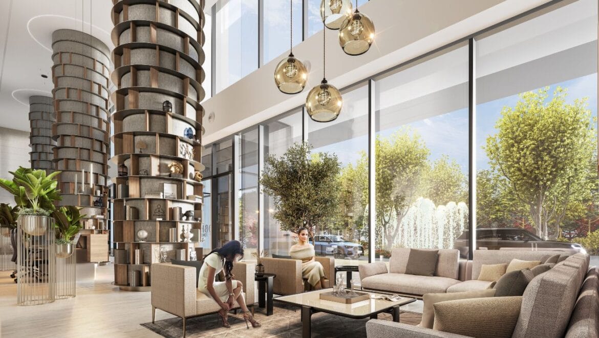 Street-view of a modern 1-bedroom Sobha Orbis Tower C apartment in Motor City, Dubai.-Propertyana real estate in dubai and sharjeh