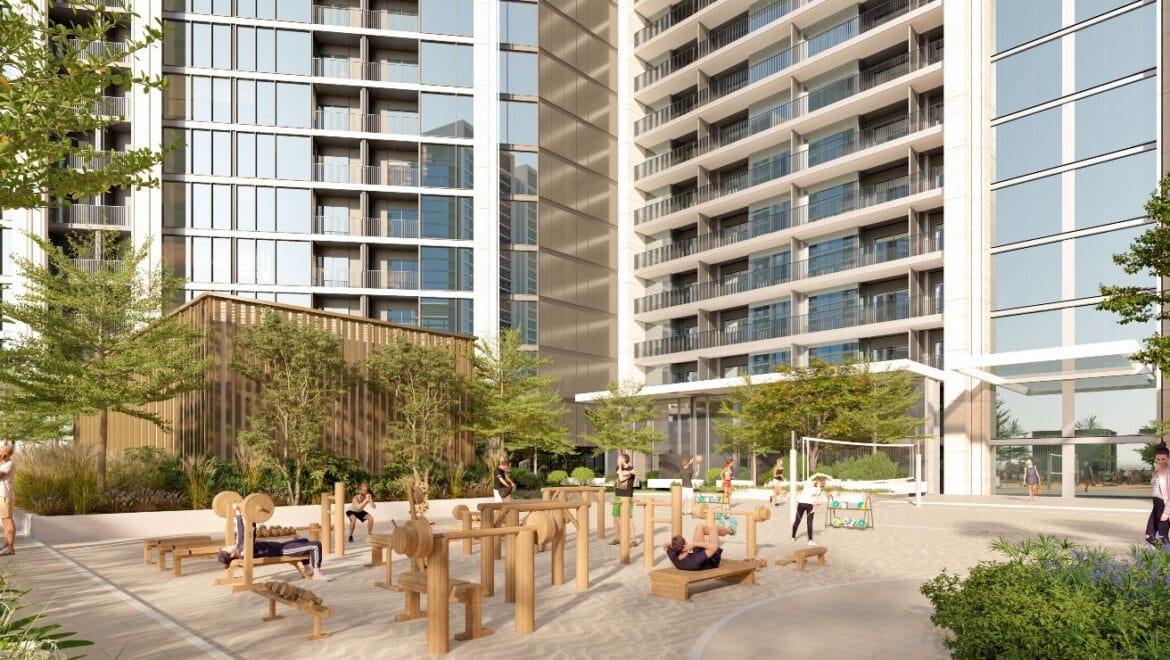 Street-view of a modern 1-bedroom Sobha Orbis Tower C apartment in Motor City, Dubai.-Propertyana real estate in dubai and sharjeh