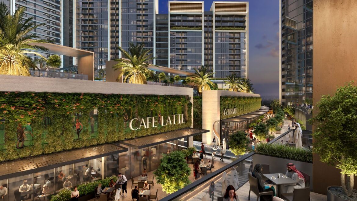 Street-view of a modern 1-bedroom Sobha Orbis Tower C apartment in Motor City, Dubai.-Propertyana real estate in dubai and sharjeh