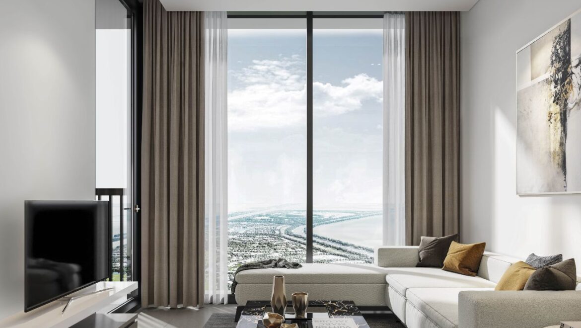 Interior view of a stylish 2-bedroom Sobha Orbis apartment in Dubai's Motor City, featuring a bright living area, modern furnishings, and contemporary finishes.-Propertyana real estate in dubai and sharjeh