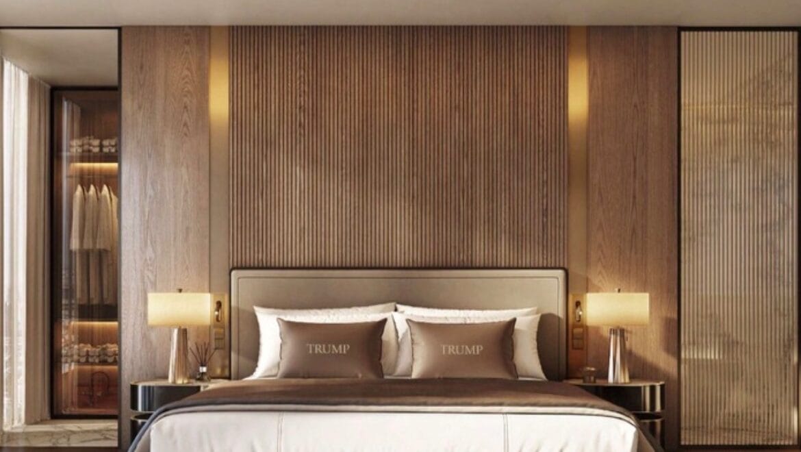 Interior view of a 1-bedroom residential apartment in Trump Tower, Dubai on Sheikh Zayed Road, featuring modern decor and premium finishes.-Propertyana real estate in dubai and sharjeh