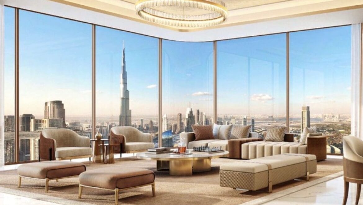 Interior view of a 1-bedroom residential apartment in Trump Tower, Dubai on Sheikh Zayed Road, featuring modern decor and premium finishes.-Propertyana real estate in dubai and sharjeh