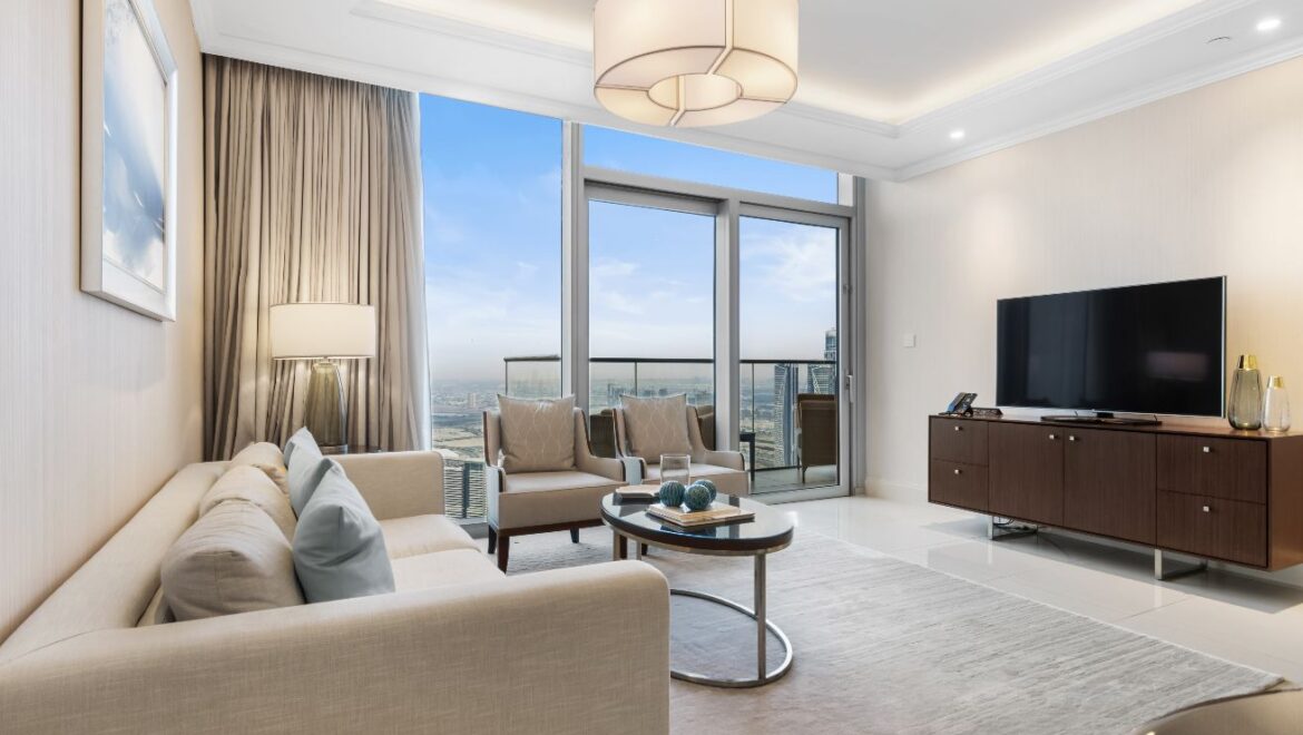 Furnished 1-bedroom apartment at Address Fountain Views, Downtown Dubai, high-floor unit with city skyline view.-Propertyana real estate in dubai and sharjeh