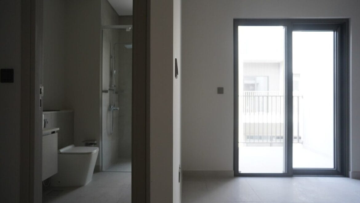 Exterior view of a modern three-bedroom townhouse in MAG Eye, Mohammed Bin Rashid City, Dubai; unfurnished.-Propertyana real estate in dubai and sharjeh