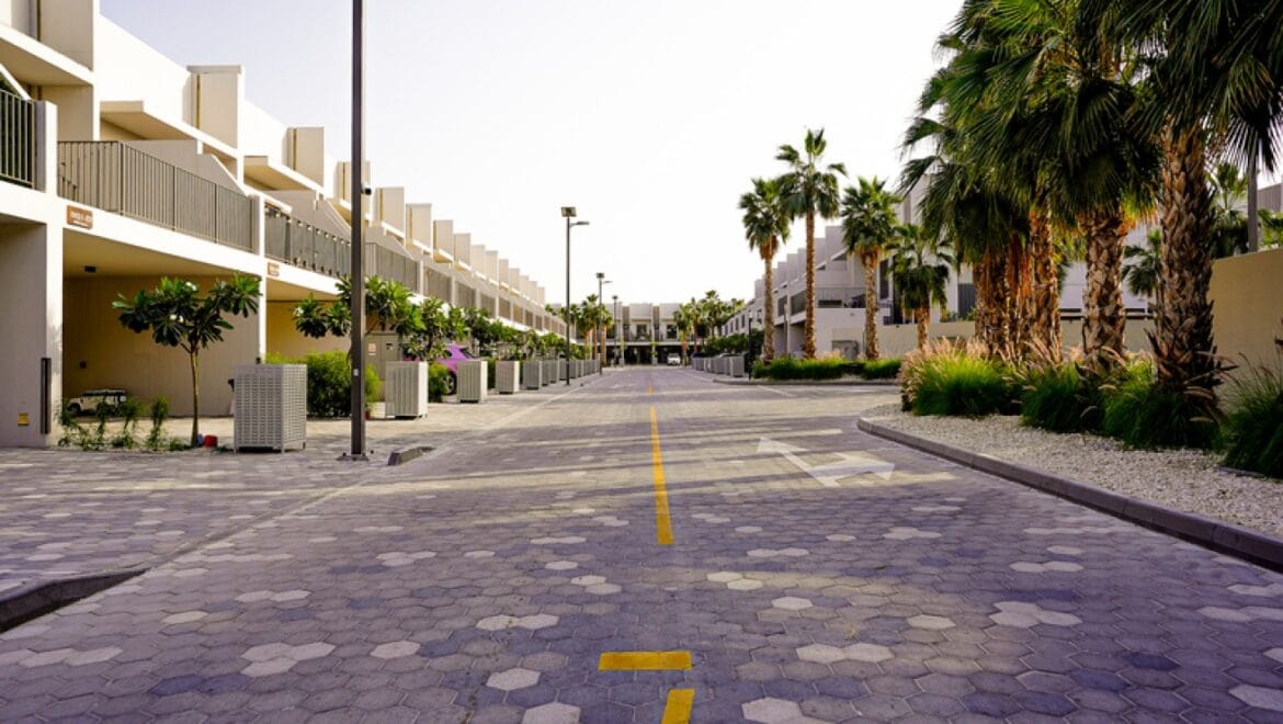 Exterior view of a modern three-bedroom townhouse in MAG Eye, Mohammed Bin Rashid City, Dubai; unfurnished.-Propertyana real estate in dubai and sharjeh