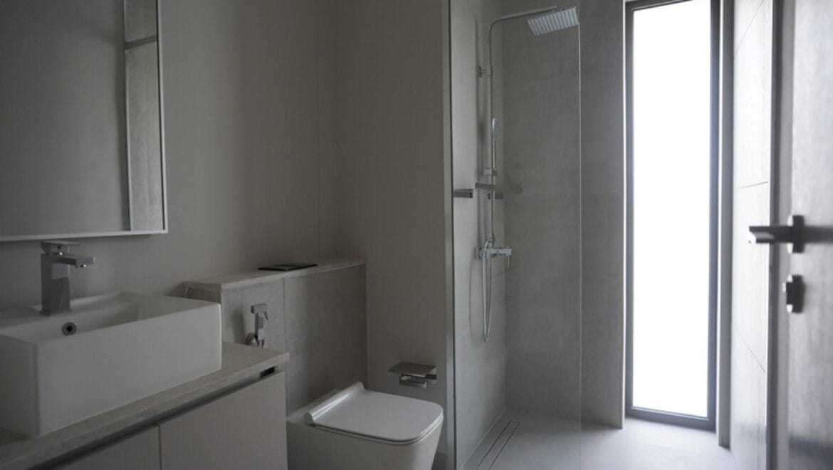 Exterior view of a modern three-bedroom townhouse in MAG Eye, Mohammed Bin Rashid City, Dubai; unfurnished.-Propertyana real estate in dubai and sharjeh