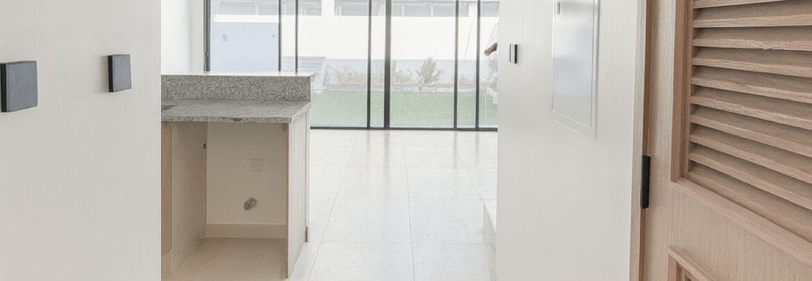 Exterior view of a luxury 3-bedroom townhouse in Santorini at Damac Lagoons, Dubai, residential community.-Propertyana real estate in dubai and sharjeh