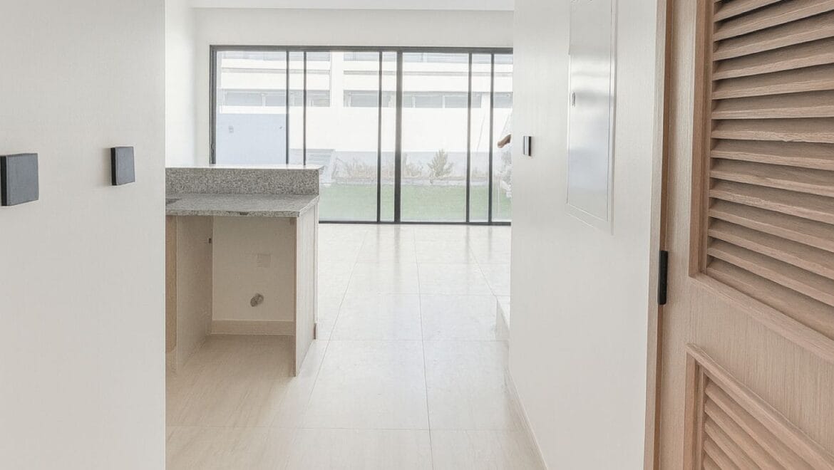 Exterior view of a luxury 3-bedroom townhouse in Santorini at Damac Lagoons, Dubai, residential community.-Propertyana real estate in dubai and sharjeh