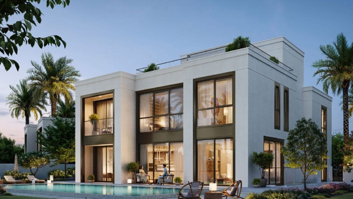 Front facade of a luxury 4-bedroom villa at Address Villas Tierra in The Oasis by Emaar, Dubai, featuring modern architecture, floor-to-ceiling windows, and a landscaped outdoor space.-Propertyana real estate in dubai and sharjeh