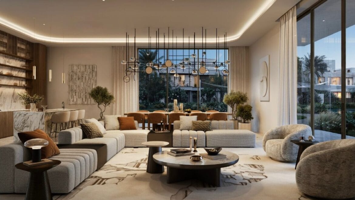 Front facade of a luxury 4-bedroom villa at Address Villas Tierra in The Oasis by Emaar, Dubai, featuring modern architecture, floor-to-ceiling windows, and a landscaped outdoor space.-Propertyana real estate in dubai and sharjeh