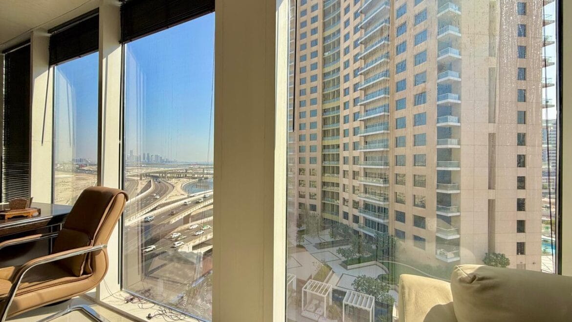 Bedroom interior at Crystal Tower, Business Bay, Dubai, with canal view-Propertyana real estate in dubai and sharjeh