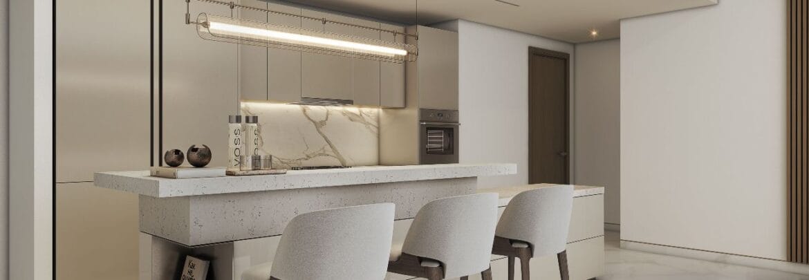 Interior view of a luxury 3-bedroom apartment in The Element at Sobha One, Dubai, featuring an open-plan living area, modern furnishings, premium finishes, and floor-to-ceiling windows with city views.-Propertyana real estate in dubai and sharjeh