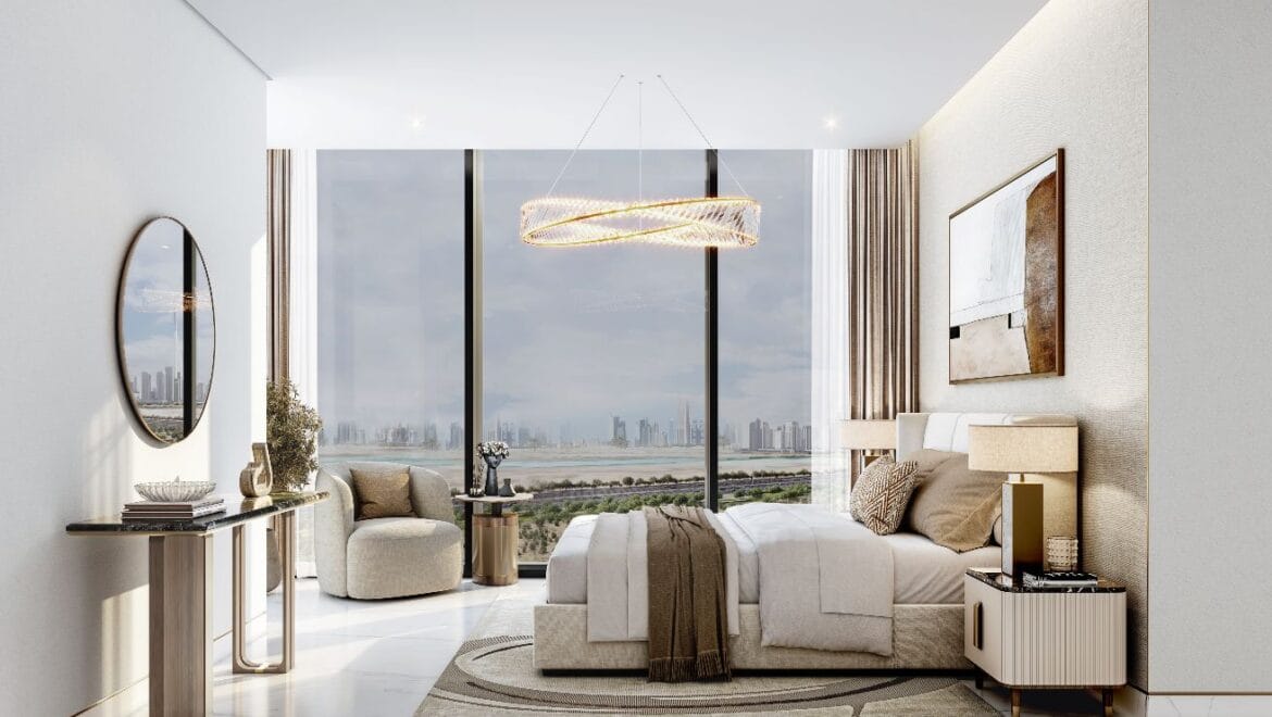 Luxurious 1-bedroom residence at The Element, Sobha One in Dubai, featuring a bright living area with floor-to-ceiling windows and sweeping views of the Dubai skyline.-Propertyana real estate in dubai and sharjeh