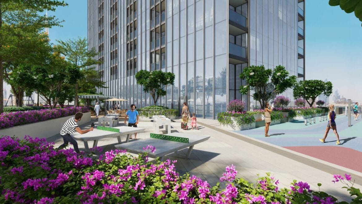 Luxurious 1-bedroom residence at The Element, Sobha One in Dubai, featuring a bright living area with floor-to-ceiling windows and sweeping views of the Dubai skyline.-Propertyana real estate in dubai and sharjeh