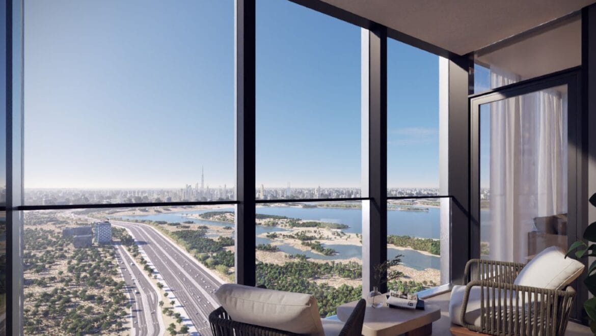 Luxurious 1-bedroom residence at The Element, Sobha One in Dubai, featuring a bright living area with floor-to-ceiling windows and sweeping views of the Dubai skyline.-Propertyana real estate in dubai and sharjeh