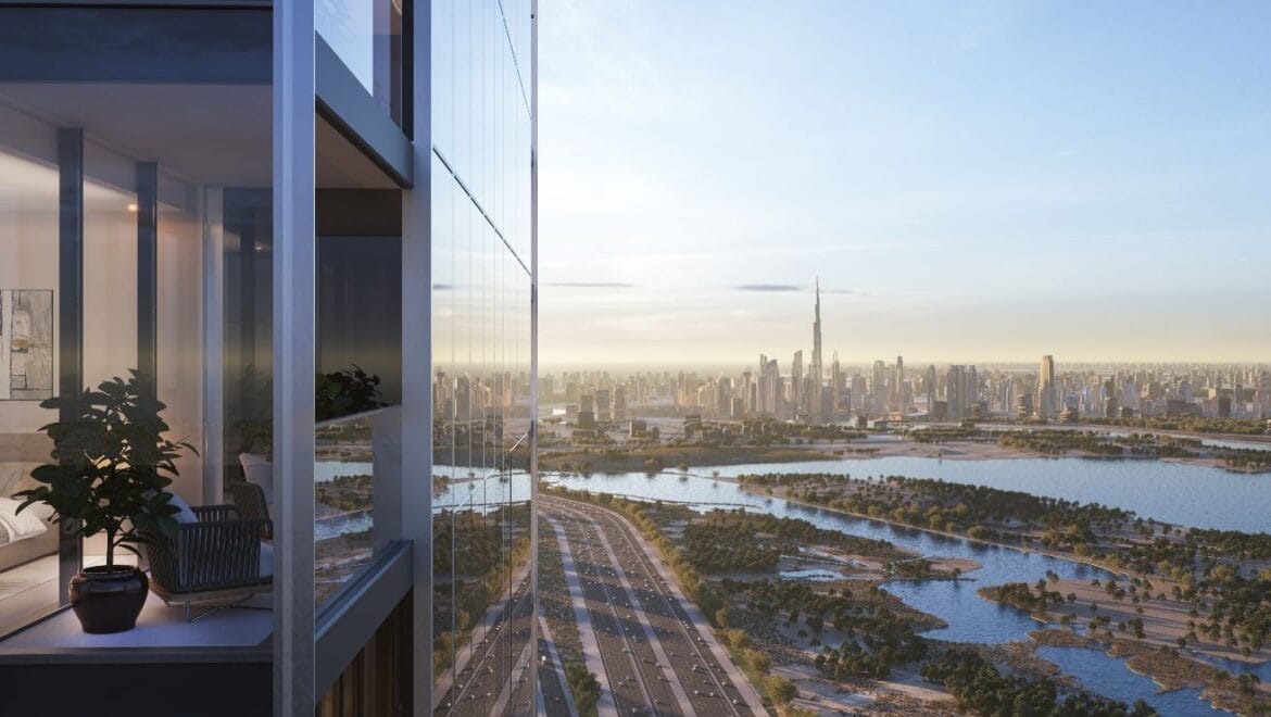 Interior of a stylish 1-bedroom apartment at The Element, Sobha One, Dubai, Mohammed Bin Rashid City, with contemporary decor and panoramic Dubai skyline views.-Propertyana real estate in dubai and sharjeh