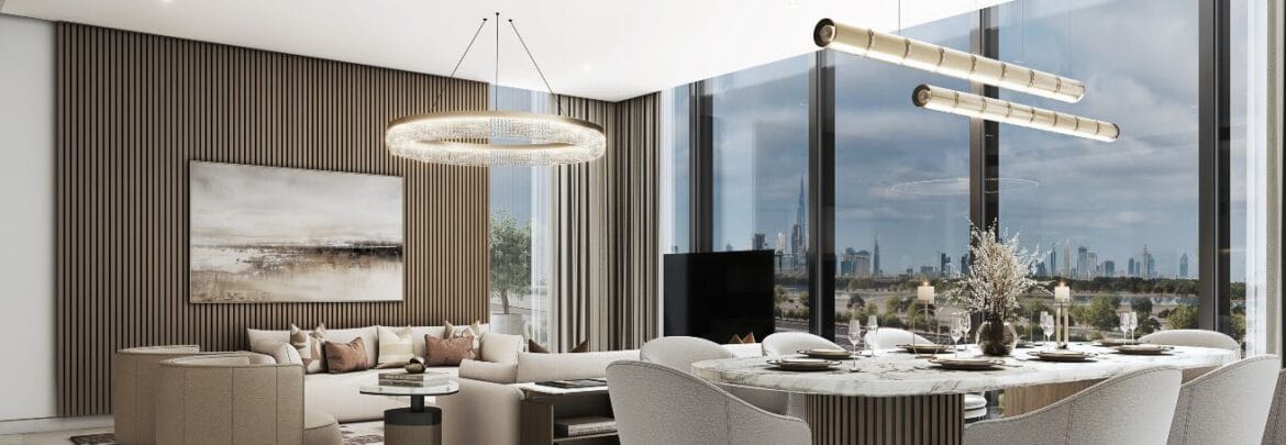 Interior of a stylish 1-bedroom apartment at The Element, Sobha One, Dubai, Mohammed Bin Rashid City, with contemporary decor and panoramic Dubai skyline views.-Propertyana real estate in dubai and sharjeh