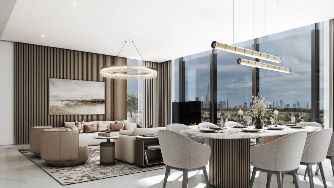 Interior of a stylish 1-bedroom apartment at The Element, Sobha One, Dubai, Mohammed Bin Rashid City, with contemporary decor and panoramic Dubai skyline views.-Propertyana real estate in dubai and sharjeh